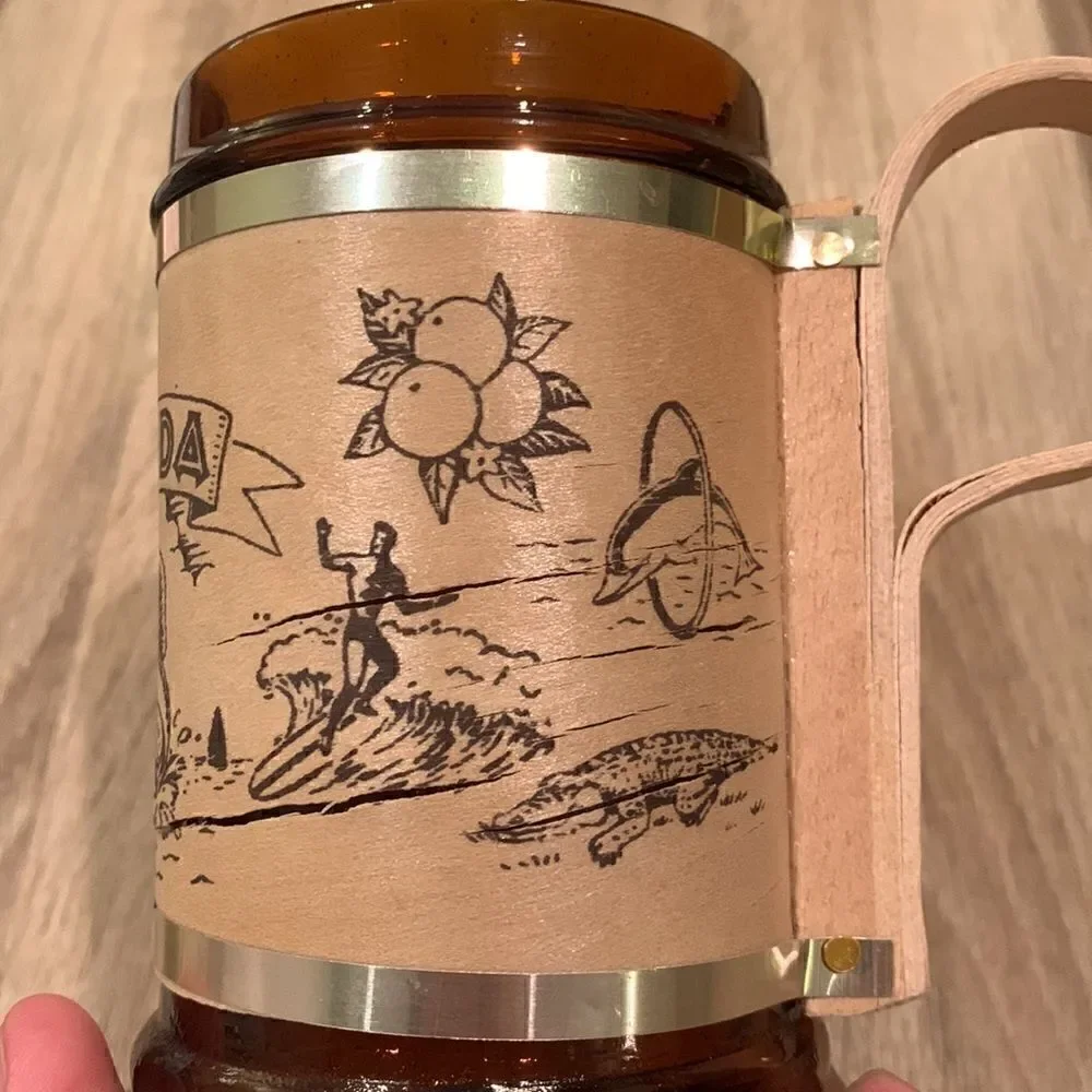 Vintage Florida Mug‎ Sun Destination Brown Amber Glass & Wood Beer Mug